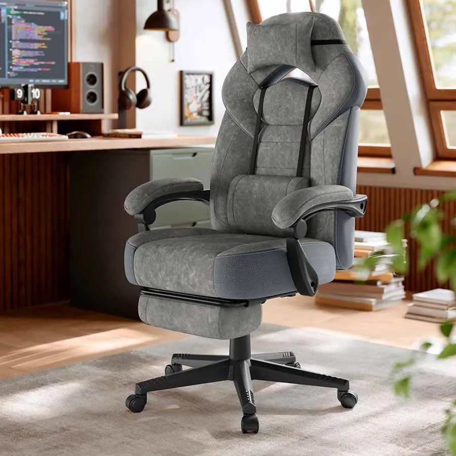 Cadeira gaming com apoio para os pés e almofada ajustável para a cabeça, cinzento ardósia