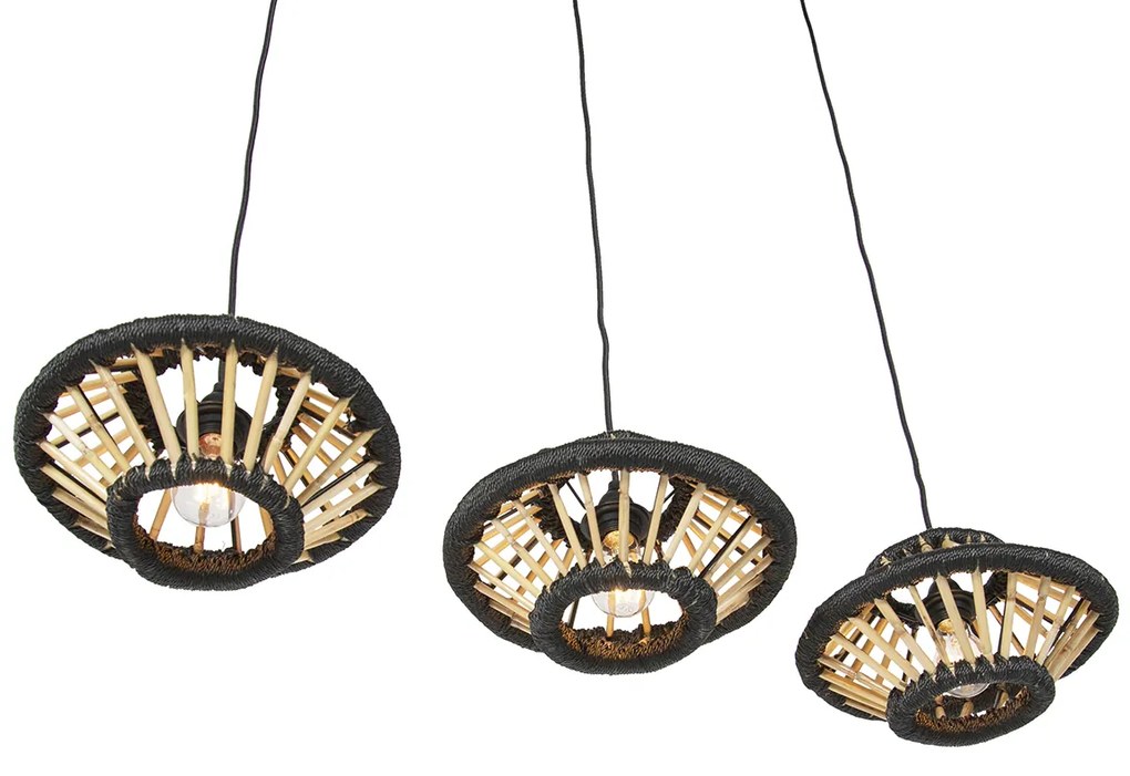 Candeeiro de suspensão oriental em bambu com preto oblongo 3 luzes - Evalin