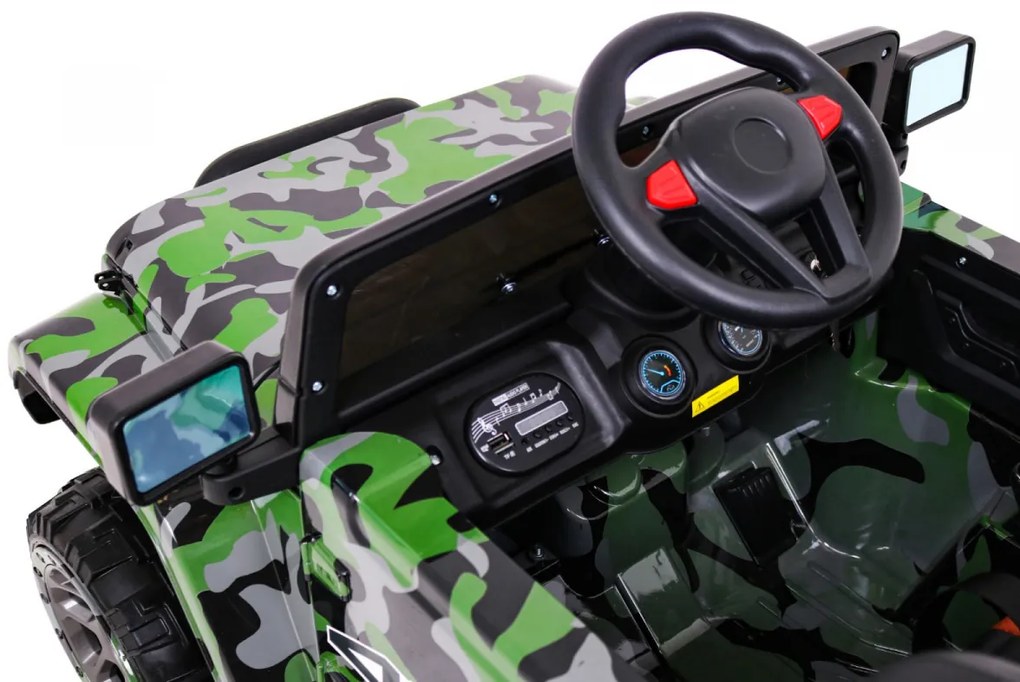 Jiep elétrico para Crianças 12V 4x4 Full Time 4WD Moro Off-Road Rodas EVA, assento couro ecológico Militar
