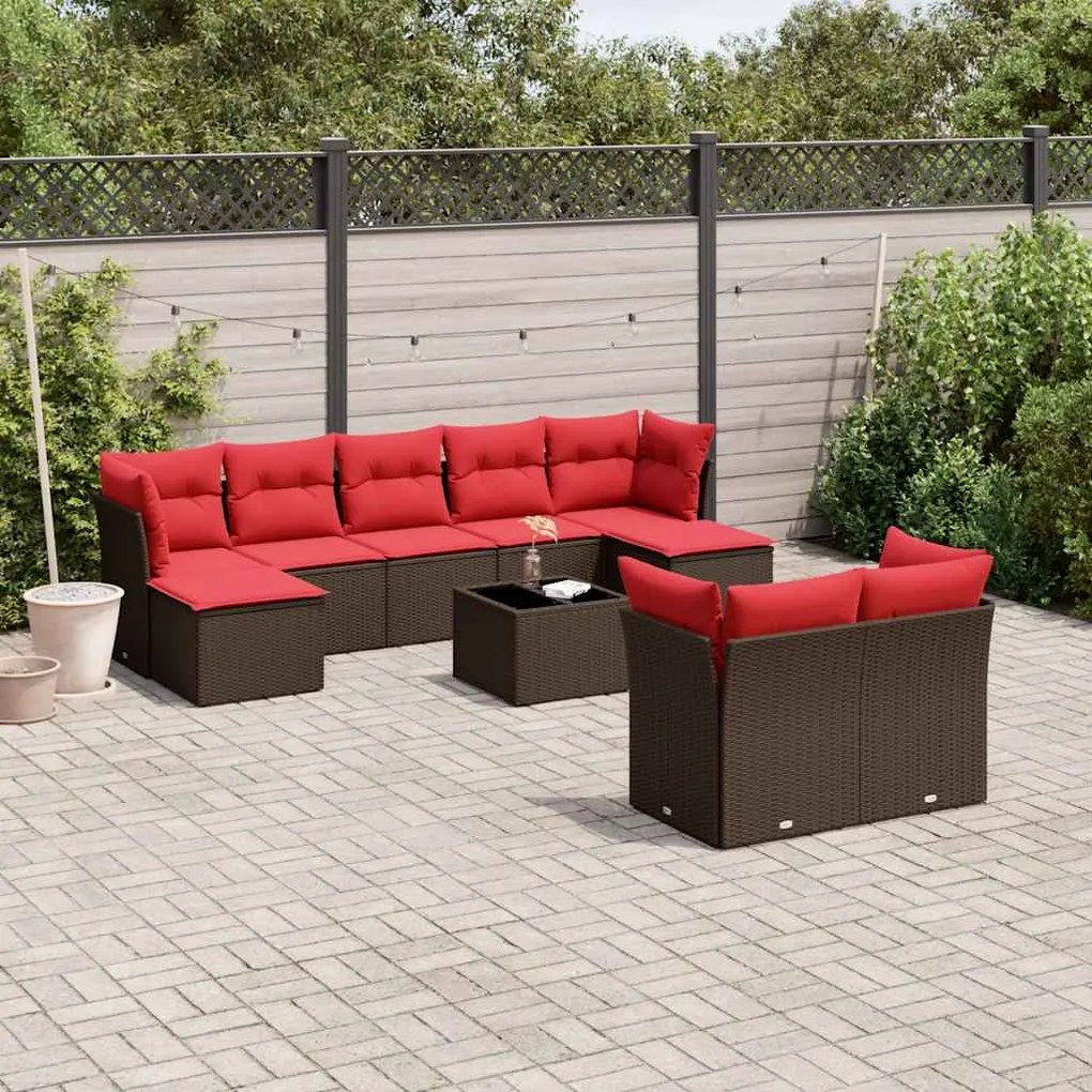 vidaXL 10 pcs conj. sofás jardim com almofadões vime PE castanho