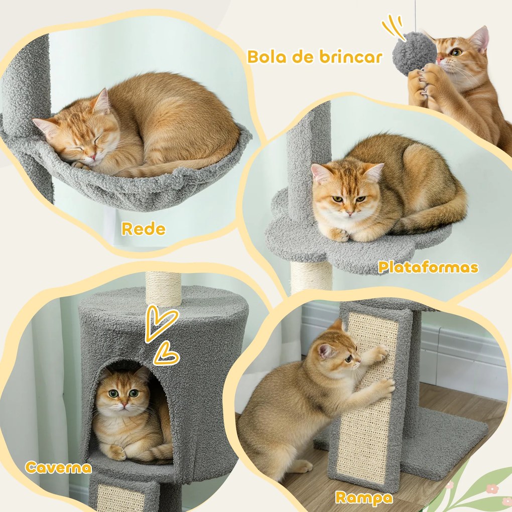 Arranhador para Gatos de Chão a Teto com Altura Ajustável de 220-240 cm Rede Plataformas em Flor Cavernas Rampa e Bola Cinza
