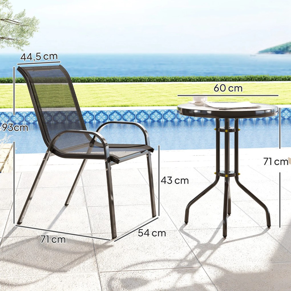 Conjunto de Mesa e Cadeiras de Jardim de 3 Peças Móveis de Jardim com Cadeiras Empilháveis e Bancada de Vidro Preto