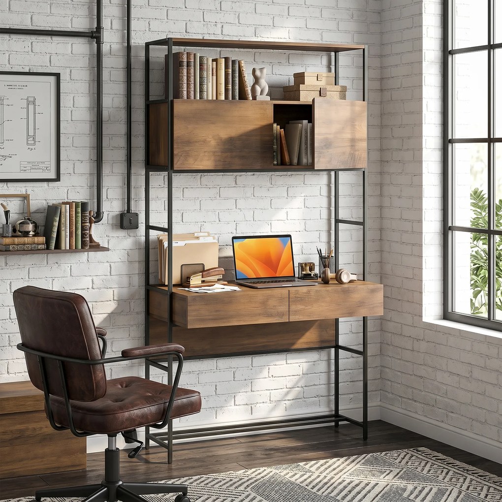 Secretária de computador com 2 gavetas, 100 x 45 x 185 cm, secretária com espaço de arrumação, 2 portas e prateleiras abertas, castanho