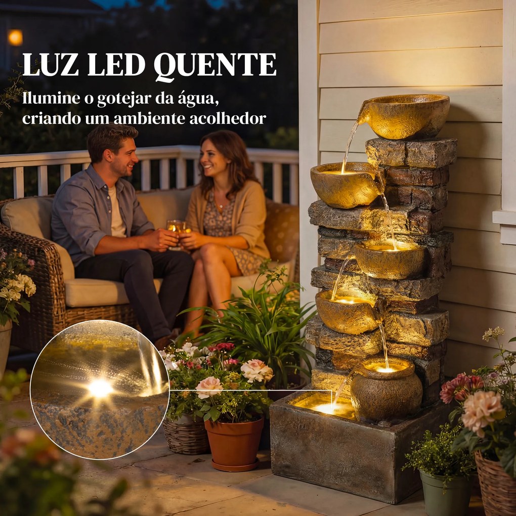 Fonte de Jardim com Iluminação LED e Bomba, Fonte Decorativa em Cascata de 5 Níveis, Fluxo Ajustável, Castanho Rústico