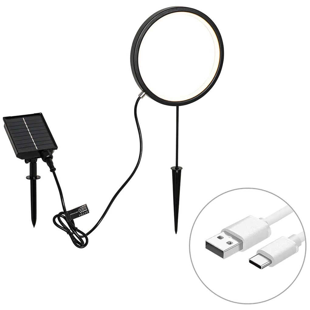 Luminária de jardim preta 50 cm com LED recarregável e solar IP65 - Adalind