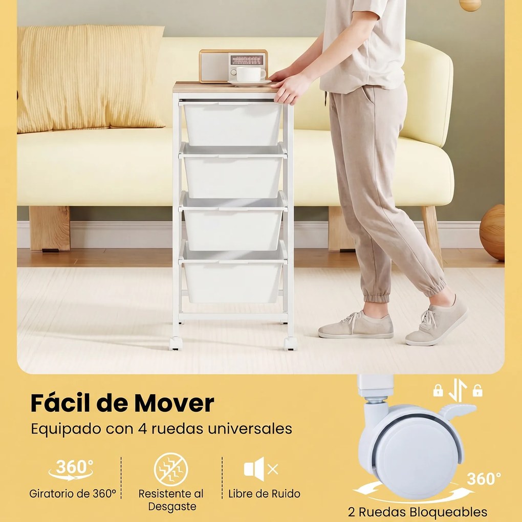 Carrinho Organizador com 4 Gavetas, 32,5 x 37 x 71 cm, Rodas com Travão, Branco
