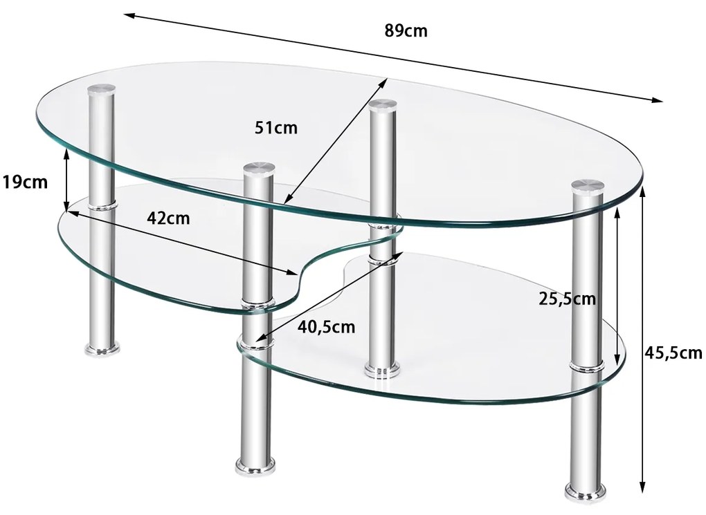 Mesa de centro para sala de jantar Mesa de centro para sala de estar Mesa de centro de vidro temperado com 3 camadas de arrumação 89 x 51 x 45,5 cm