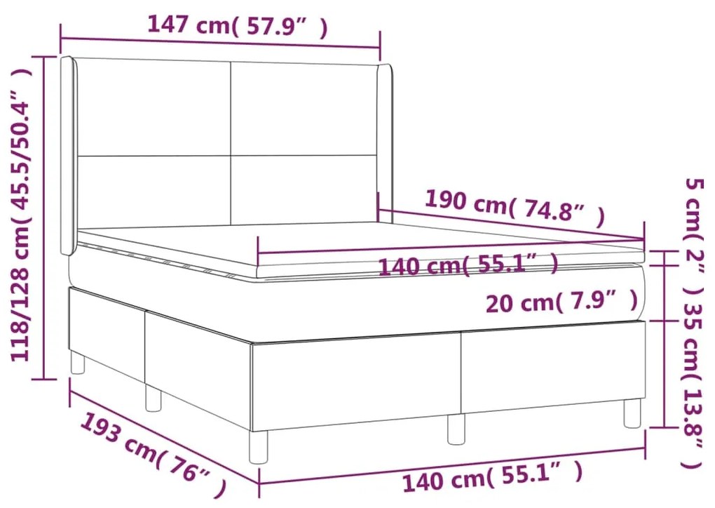 Cama box spring c/ colchão e LED 140x190 cm tecido cinza-claro