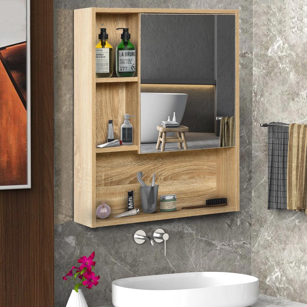 kleankin Armário para banheiro de madeira montado na parede com espelho, porta de vidro e prateleira aberta ajustável 60x 15x 76cm em grão de carvalho
