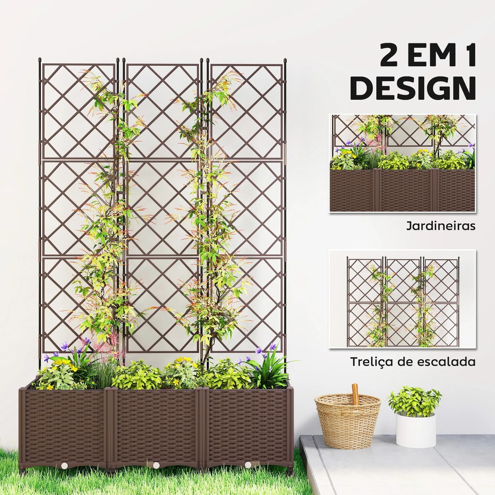 Floreira com Treliça e Rodas com Drenagem para Cultivo de Legumes Flores e Ervas 120x40x192 cm Castanho
