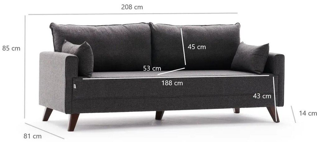 Sofá-Cama de 3 Lugares Bella – Antracite – 208 x 85 x 81 cm