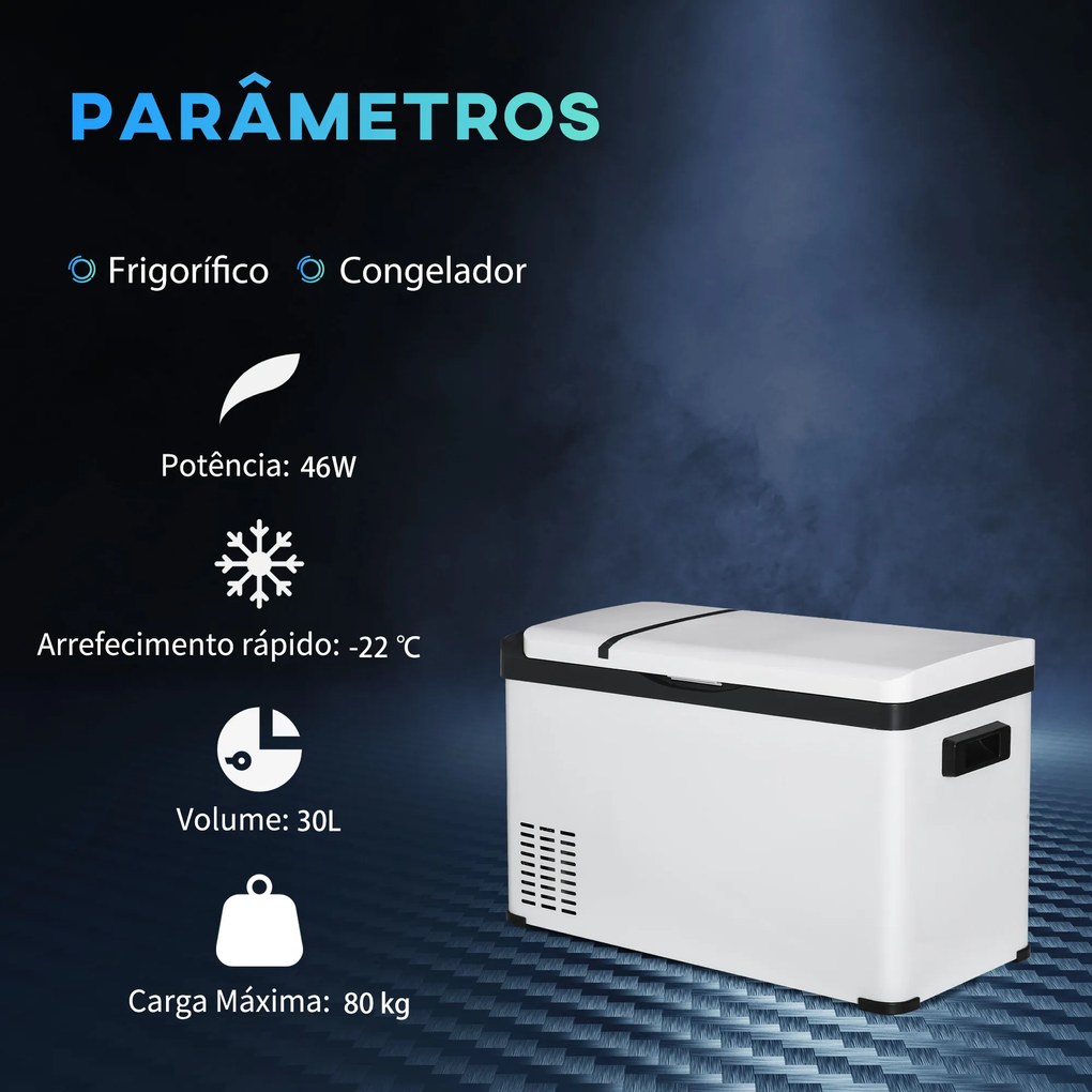Outsunny Geleira de Compressor 30L Geleira Portátil de Carro CC 12V/24V e CA 110-240V até -22 ℃ com Tela Tátil e Alças para Barco Caminhão 61x32x40cm Branco