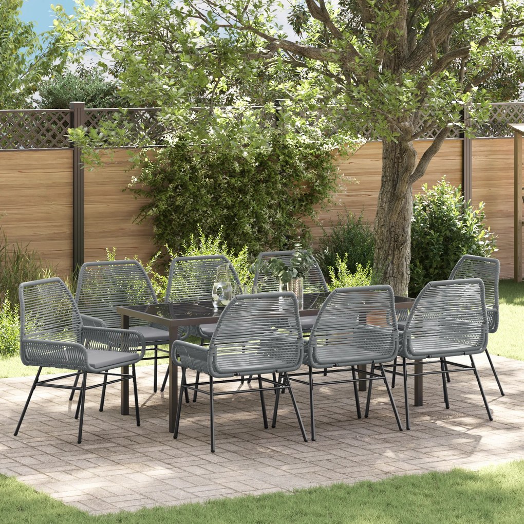 vidaXL Conjunto de Jantar de Jardim com 9 Peças e Almofadas Cinza Rattan PE