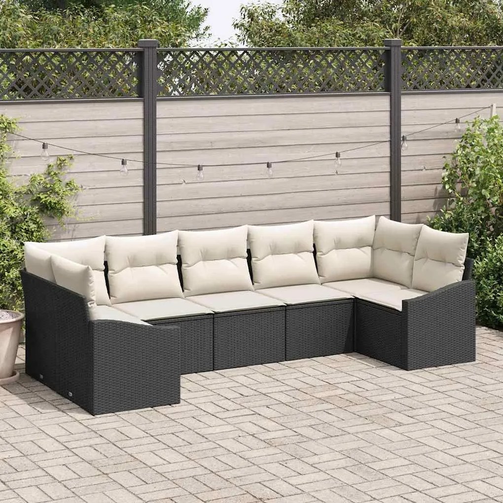 vidaXL Conjunto de Jantar em Rattan Preto com 7 Peças e Almofadas