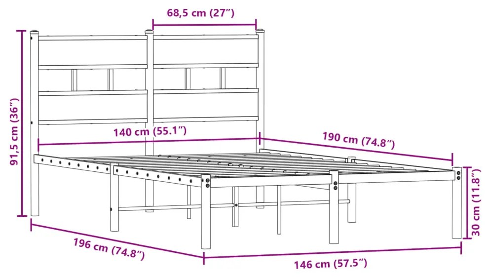 Estrutura de cama sem colchão 140x190 cm metal carvalho sonoma