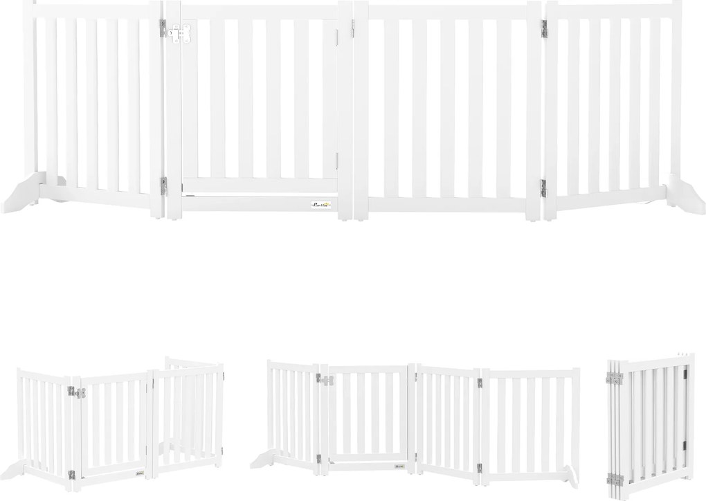 PawHut Barreira de Segurança para Cães Dobrável Reversível em Madeira, 4 Painéis com Porta, Pés de Apoio, 205 x 60 cm, Branco | Aosom Portugal