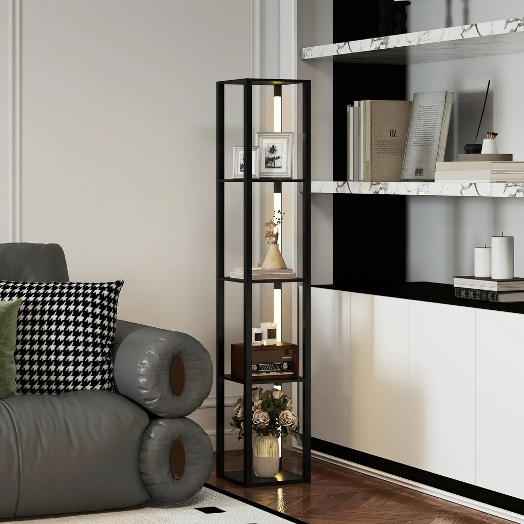 Candeeiro de pé com prateleiras de 4 níveis, LED regulável 29 x 29 x 163 cm,  interruptor de pé para sala, quarto ou escritório, preto