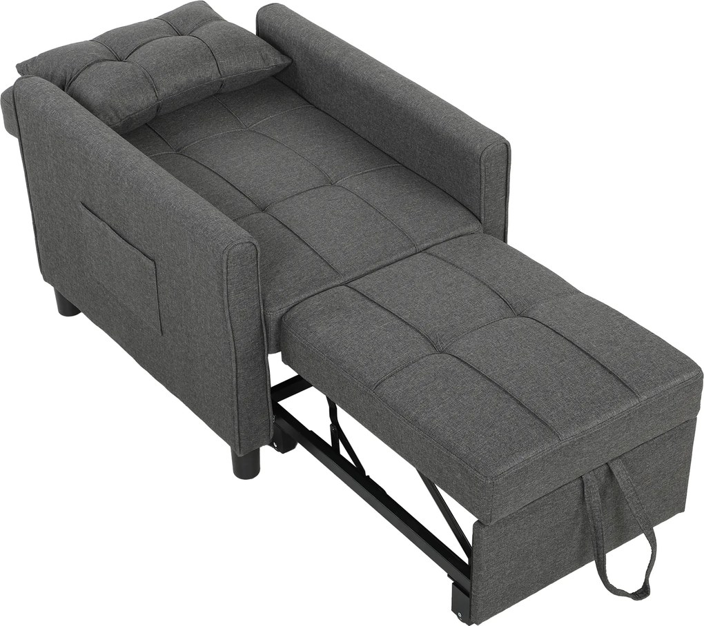 HOMCOM Poltrona Cama Individual 3 em 1 em Tecido Efeito Linho e Madeira com Encosto Reclinável, Almofada, Bolsos, Cinza | Aosom Portugal