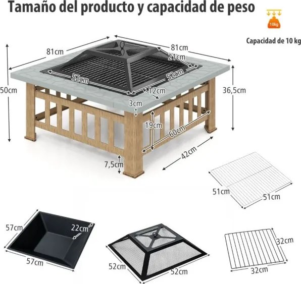 Mesa Braseira de Exterior 81 x 81 x 50 cm de Madeira 3 em 1 com Proteção contra Faíscas Grelha para Lenha Grelha para Churrasco Capa para Chuva Cinza