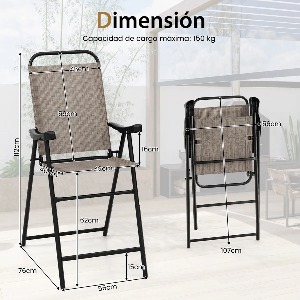 Conjunto de 2 bancos bar altos dobráveis com apoio para os pés Estrutura metálica para varanda Jardim Piscina Terraço 56 x 76 x 112 cm Carga 150 kg Ca