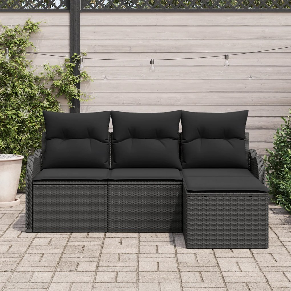 Conjunto de Sofá de Jardim 4 Peças com Almofadas Rattan Preto