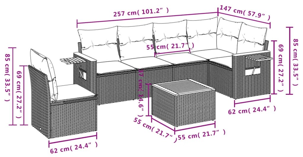 7 pcs conjunto de sofás p/ jardim com almofadões vime PE bege