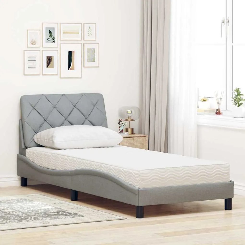 Cama com colchão 90x190 cm tecido cinzento-claro