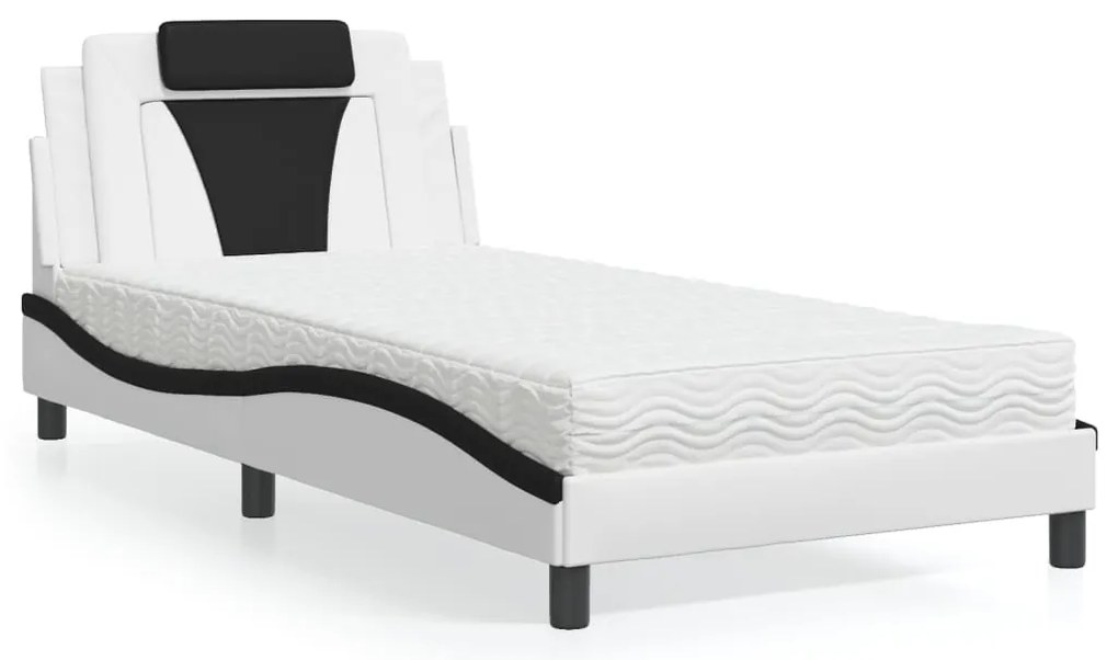 Cama com colchão 100x200 cm couro artificial branco e preto
