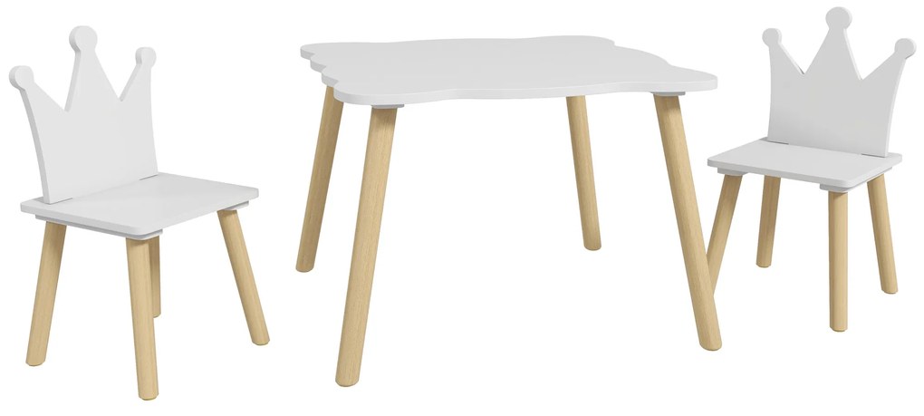 AIYAPLAY Mesa Infantil com 2 Cadeiras com Encosto em Forma de Coroa para Crianças de 3-6 Anos para Sala de Jogos Dormitório Branco