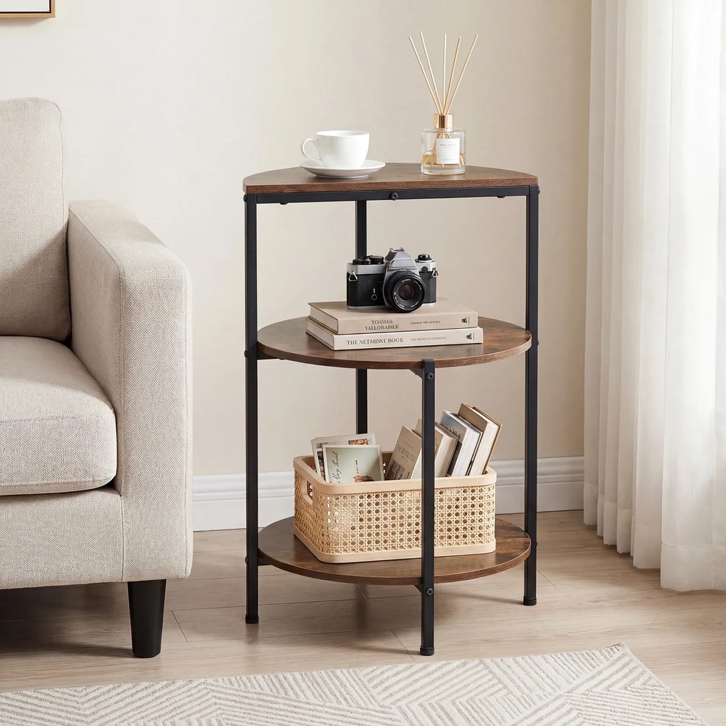 Mesa apoio redonda com 3 estantes 43 x 43 x 63 cm, Estrutura metálica, ideal para o quarto, sala e espaços pequenos, em Castanho rústico