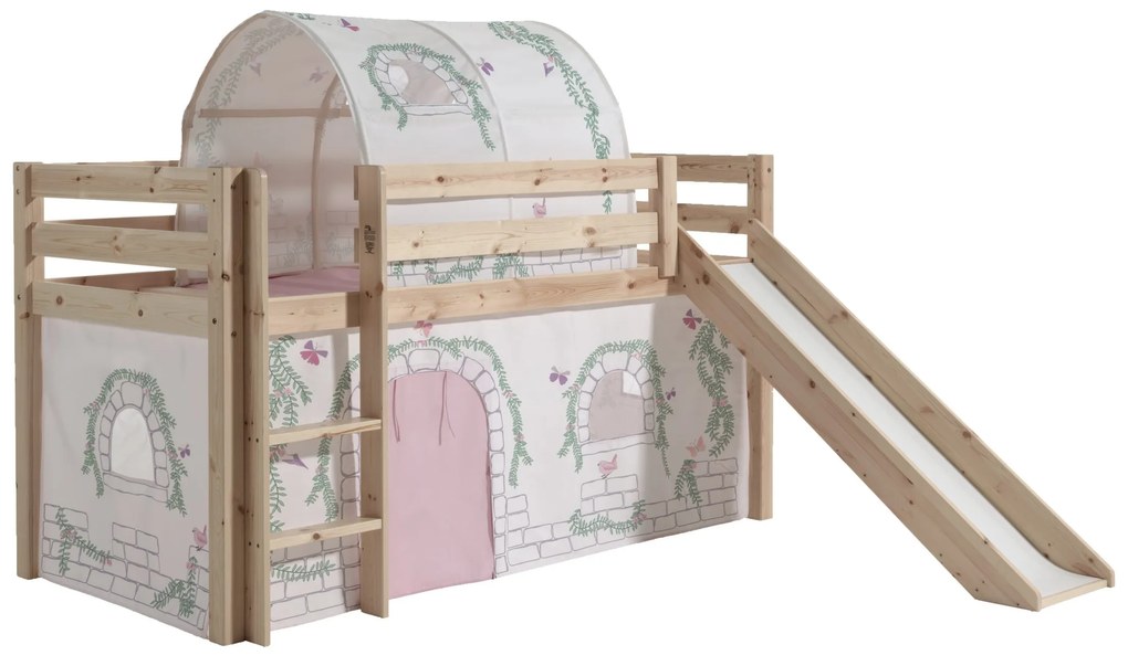 Conjunto Cama alta de Criança PINO 90 x 200 cm + estrado + escada + escorrega + cortina + túnel Pássaros Natural
