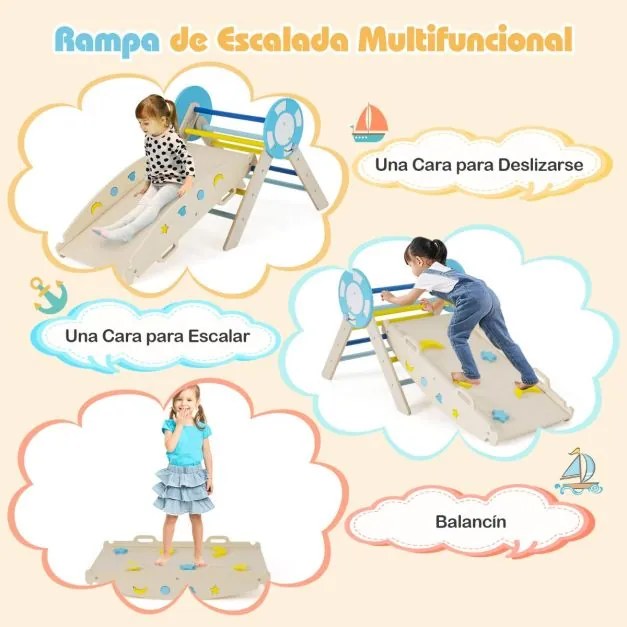 Conjunto triangular 8 em 1 de escalada para bebés com rampa, escada e arco de escalada Montessori de madeira Macaron