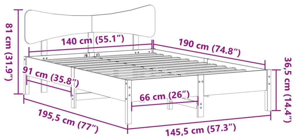 Cama sem colchão 140x190 cm pinho maciço castanho-mel