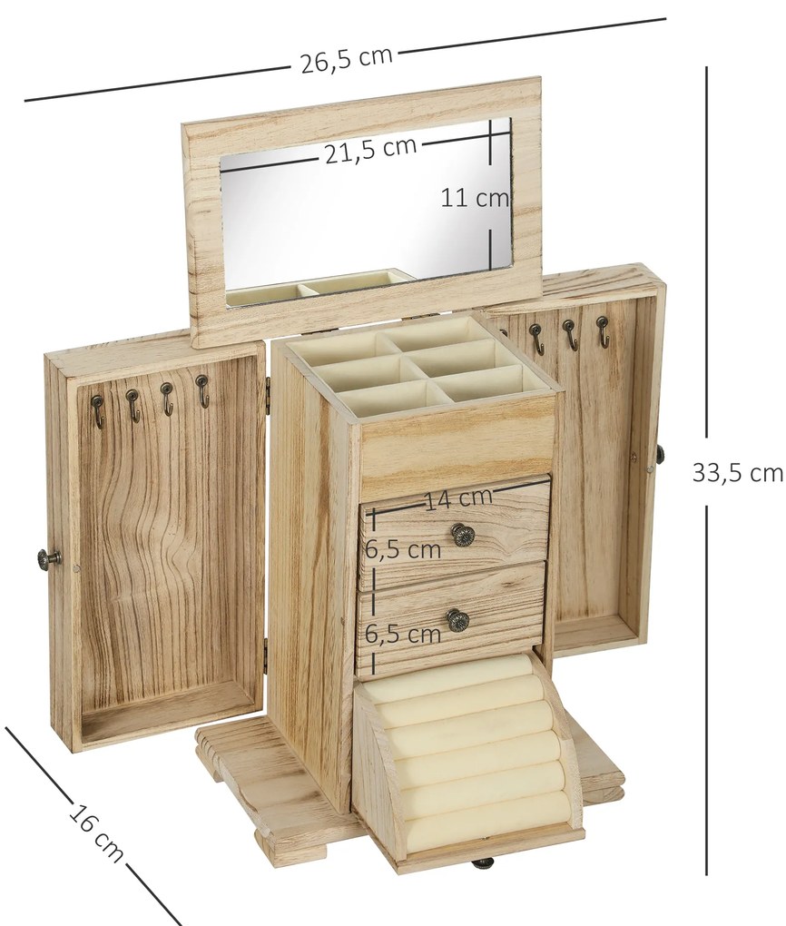 Caixa Joias de Madeira de 4 Níveis Organizador de Joias com 2 Gavetas e Espelho 26,5x16x33,5 cm Madeira