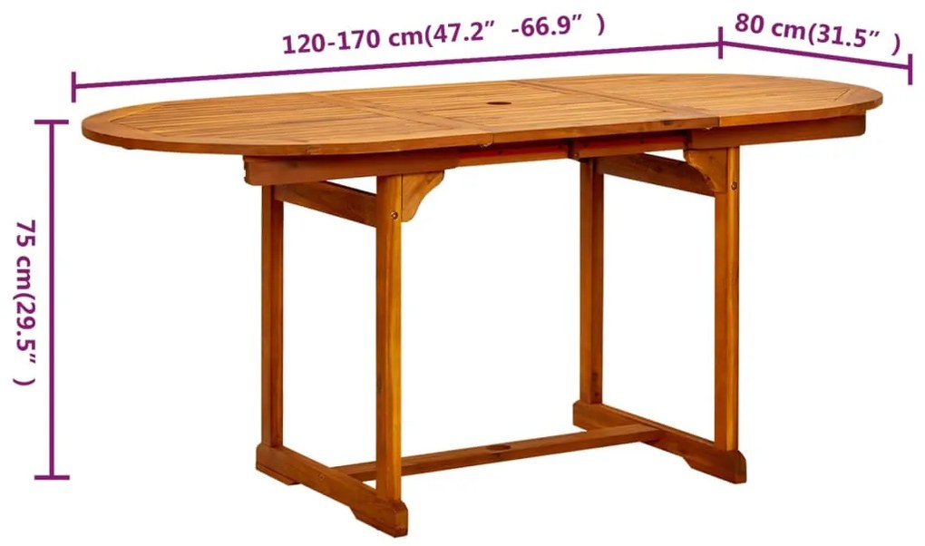 Mesa de jantar p/ jardim (120-170)x80x75 cm acácia maciça