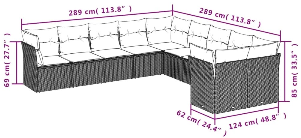 10 pcs conjunto de sofás p/ jardim com almofadões vime PE bege