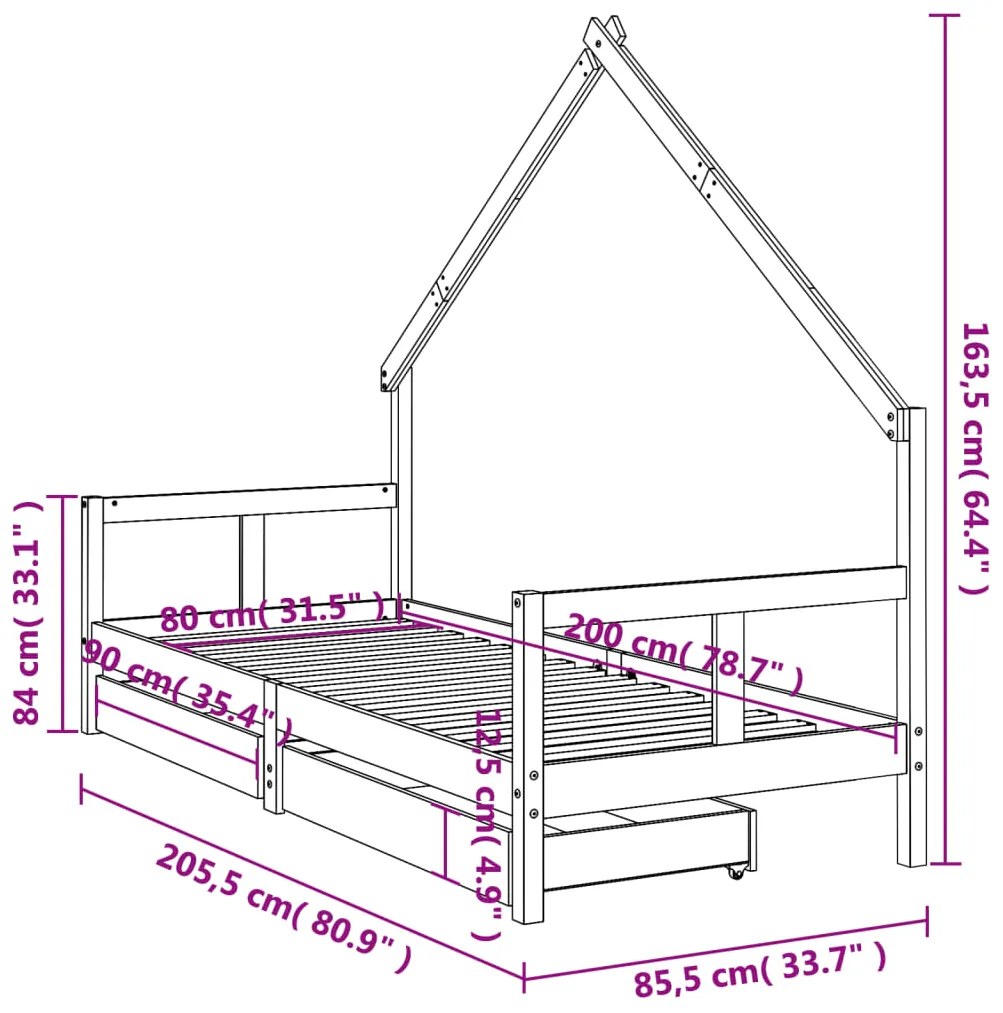 Estrutura cama infantil c/ gavetas 80x200cm pinho maciço branco