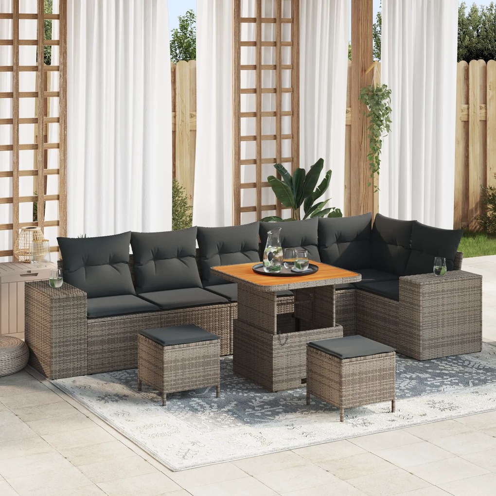 Conjunto de Sofá de Jardim de 9 Peças em Vime Poliéster Cinzento com A