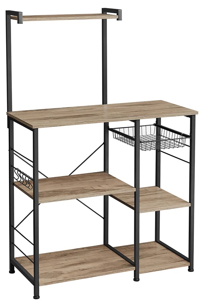 Estante de cozinha com cesto metálico e prateleiras | VASAGLE | 90 x 40 x 134 cm | castanho|preto | KKS035B50.