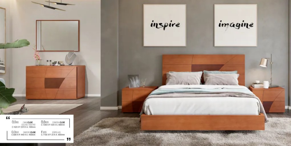 Quarto CLOE (cama + 2x mesa cabeceira + comoda + espelho) - Lacado / MDF, Lacado branco