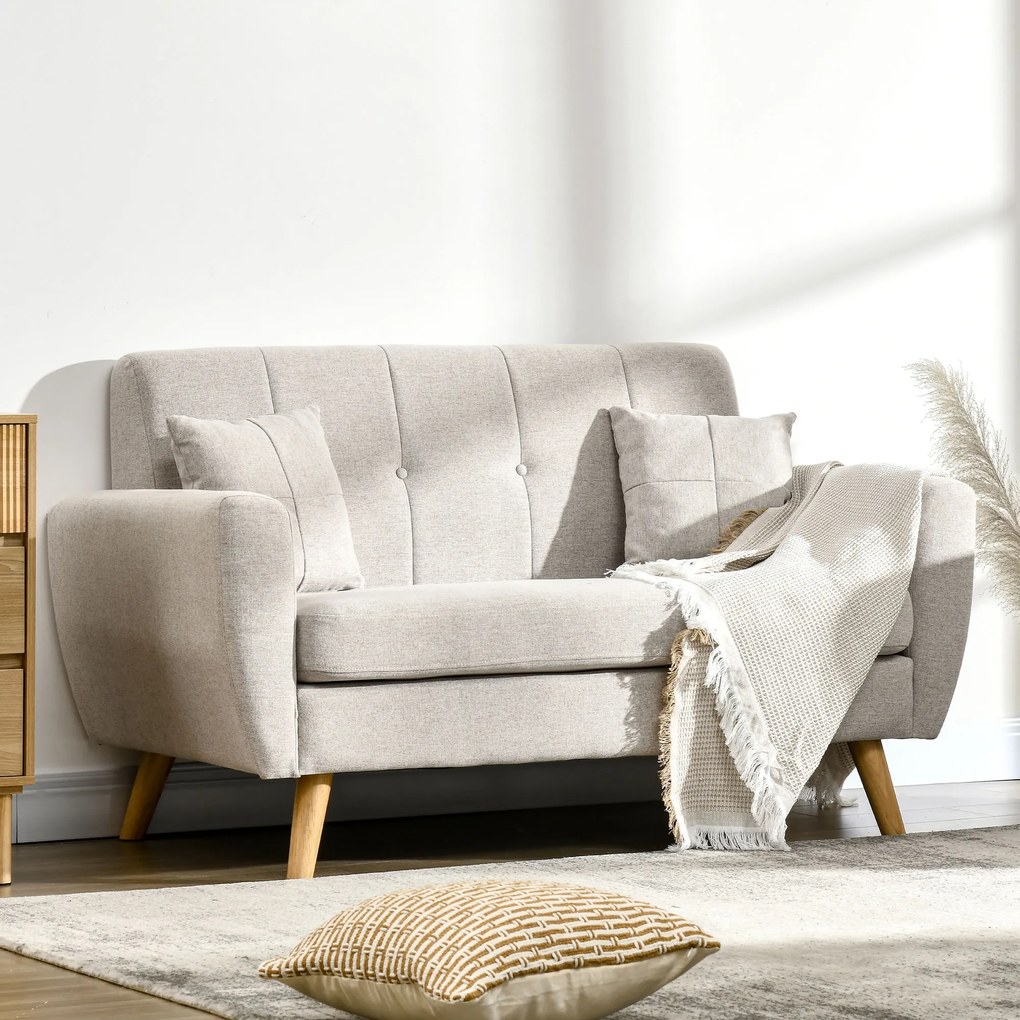 HOMCOM Sofá de 2 Lugares Estofado em Linho Sintético Sofá Moderno de Sala de Estar com 2 Almofadas Amovíveis Apoio para os Braços e Pés de Madeira 149x76,5x86cm Creme