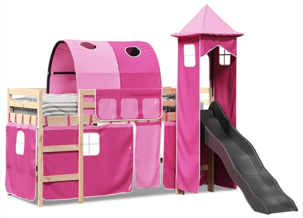 Cama alta para criança com torre 80x200 cm pinho maciço rosa