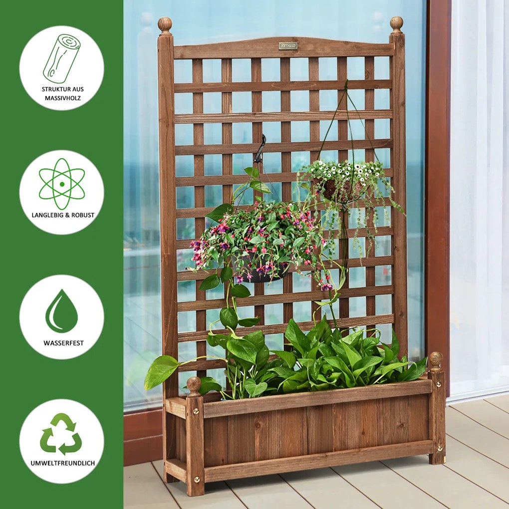 Floreira em madeira para plantas trepadeiras, canteiro elevado com treliça 64,5 x 28 x 120 cm castanho