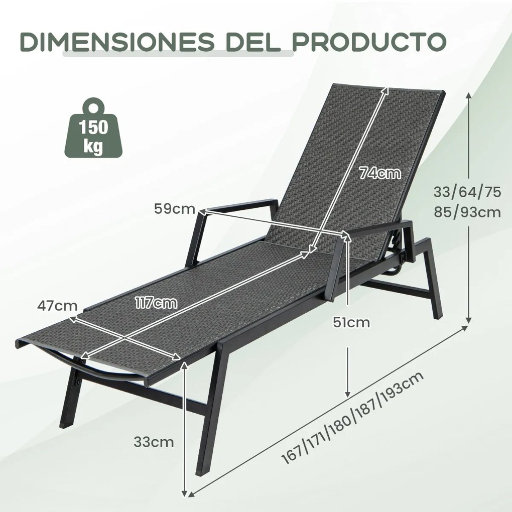 Espreguiçadeira jardim de rattan Cadeira reclinável em vime PE tecido com braços Encosto com 5 posições Estrutura metálica para pátio Castanho e Preto