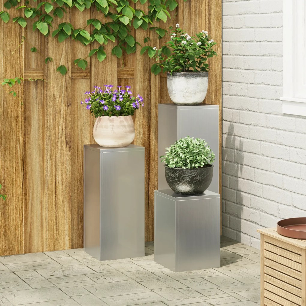 vidaXL Conjunto de 3 Suportes para Plantas Externos em Aço Galvanizado