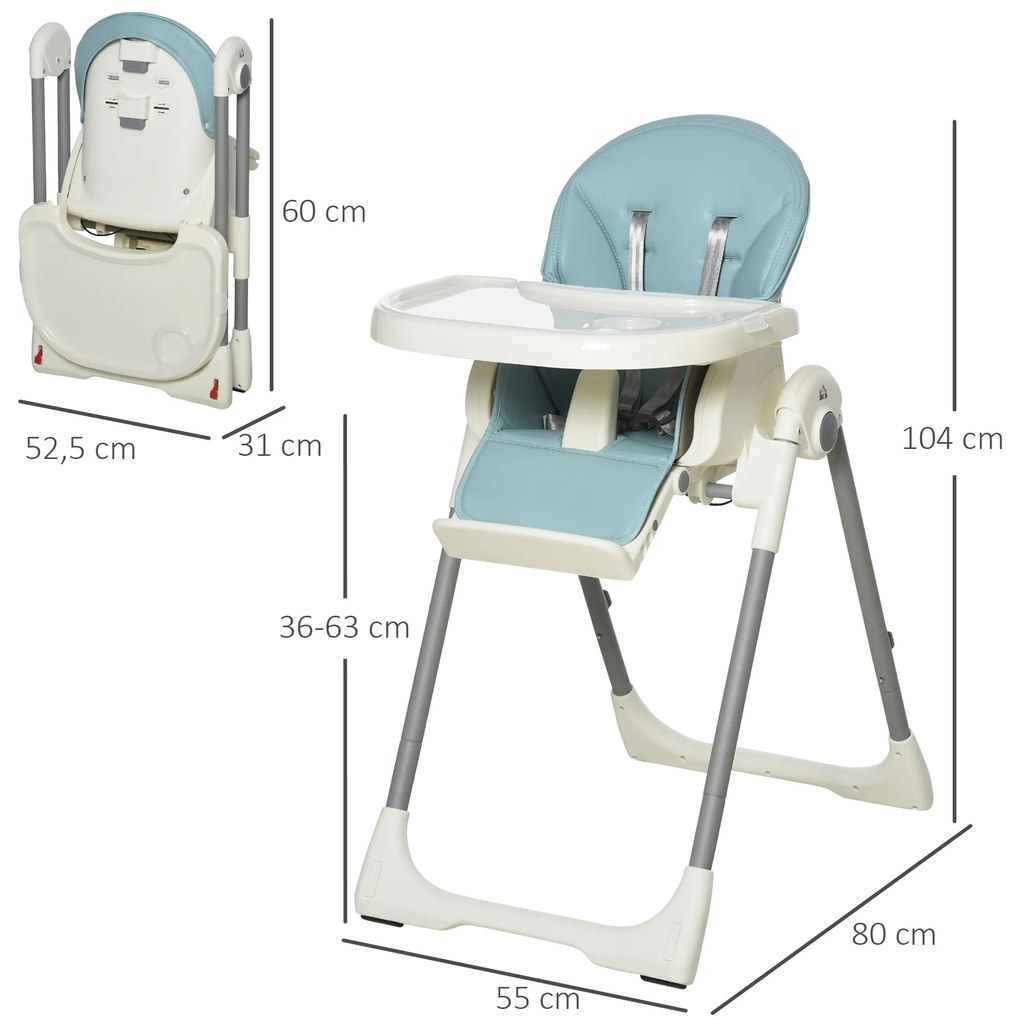 Cadeira de refeição ajustável e dobrável para bebê acima de 6 meses com bandeja dupla 55x80x104 cm azul