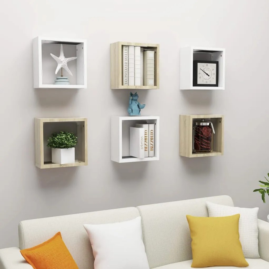 vidaXL Prateleiras parede forma de cubo 6 pcs 30x15x30cm branco/sonoma