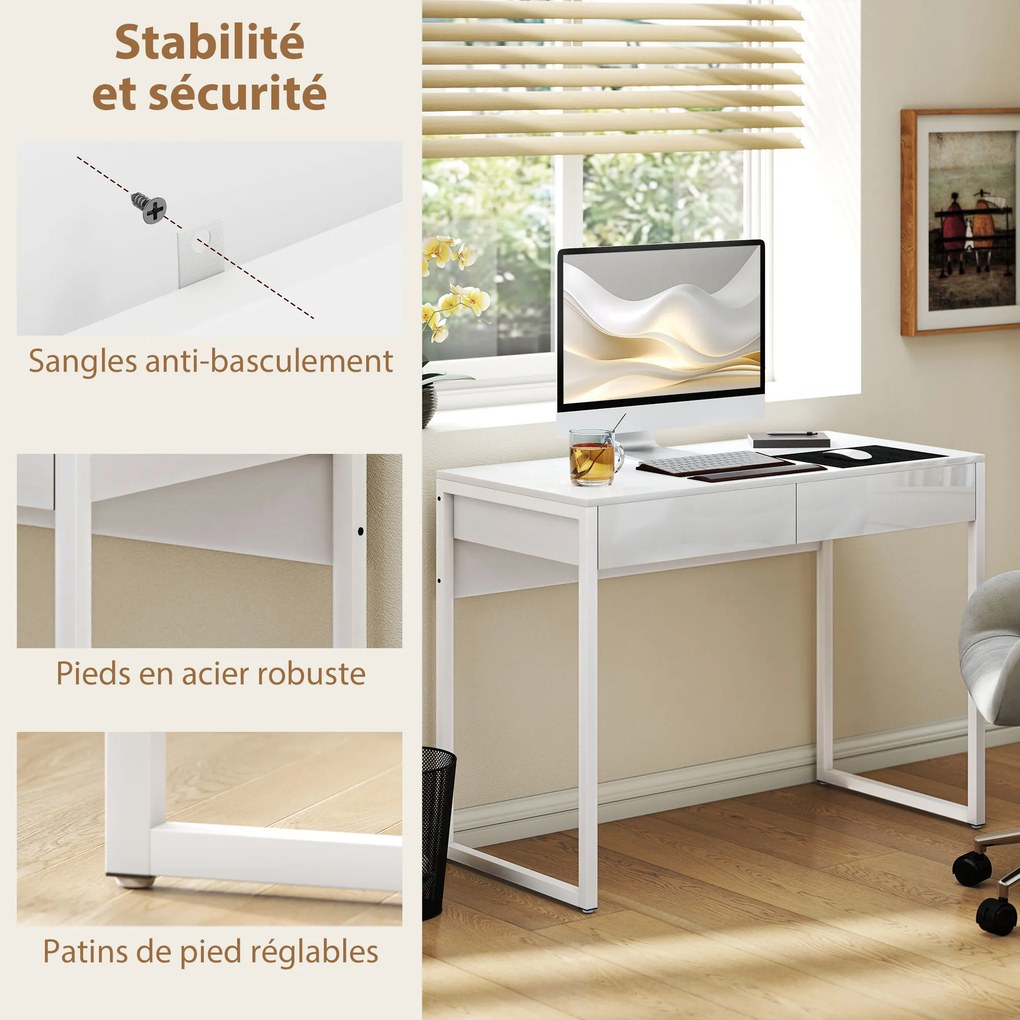 Secretária com 2 gavetas, mesa para computador de 100 x 50 cm, secretária moderna com base em aço, para espaços pequenos, branco brilhante