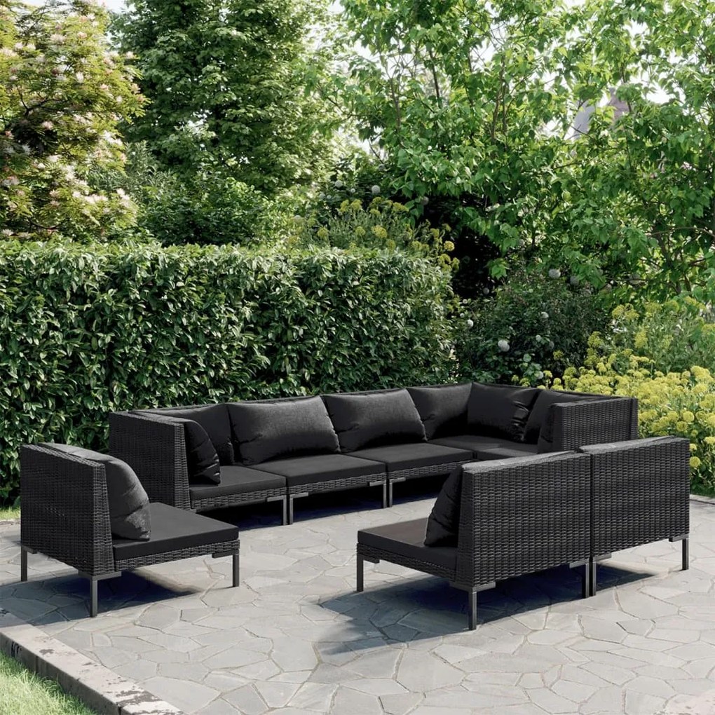 vidaXL 8 pcs conj. lounge jardim c/ almofadões vime PE cinzento-escuro