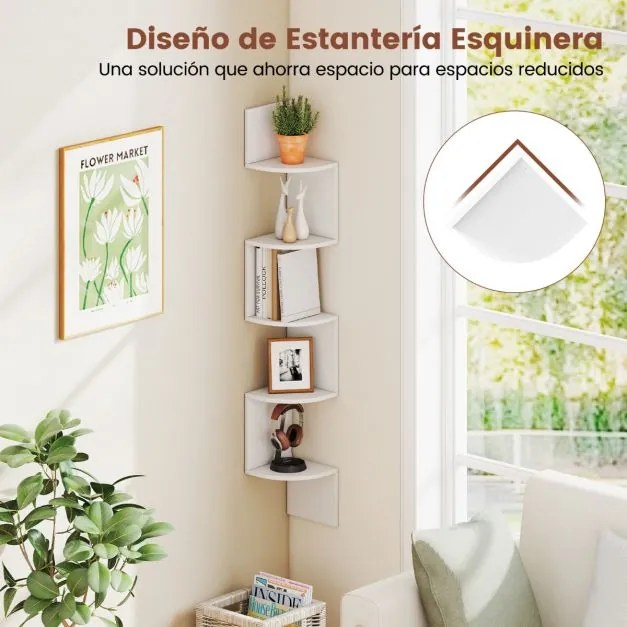 Estante de canto 20 x 20 x 126 cm de 5 níveis Organizador de armazenamento montado na parede para sala, quarto e cozinha Branco